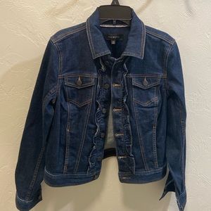 Talbots dark Jean jacket with ruffles.